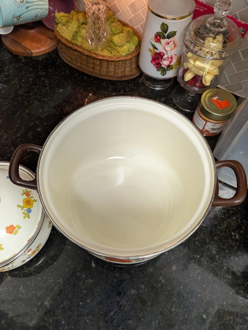 vintage 1970s enamel pots in the 